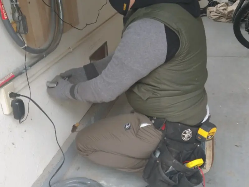 Electrician performing outlet wiring in a Los Alamos garage